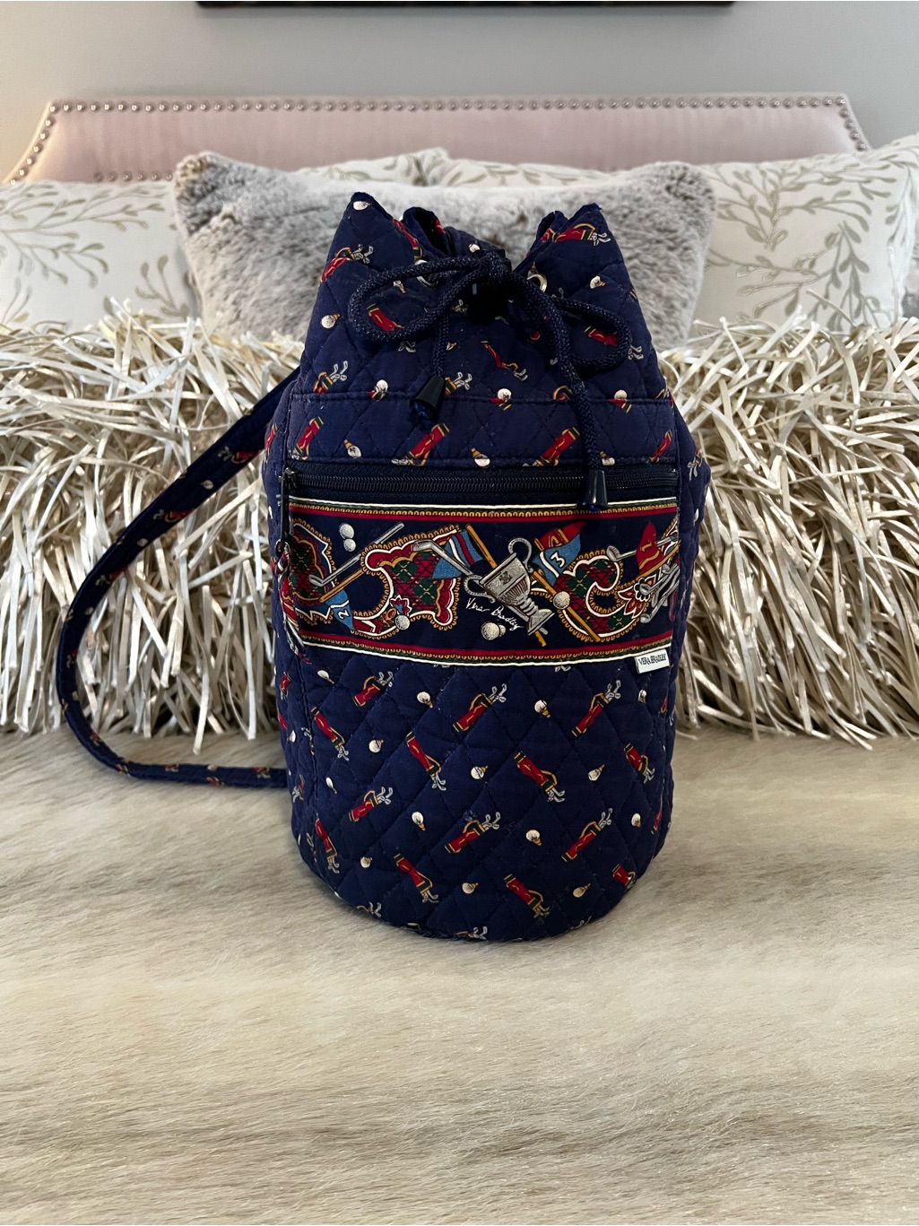 Vintage Vera Bradley Giolf Navy Backpack Sling Usa Drawstring Red Blue Quilted